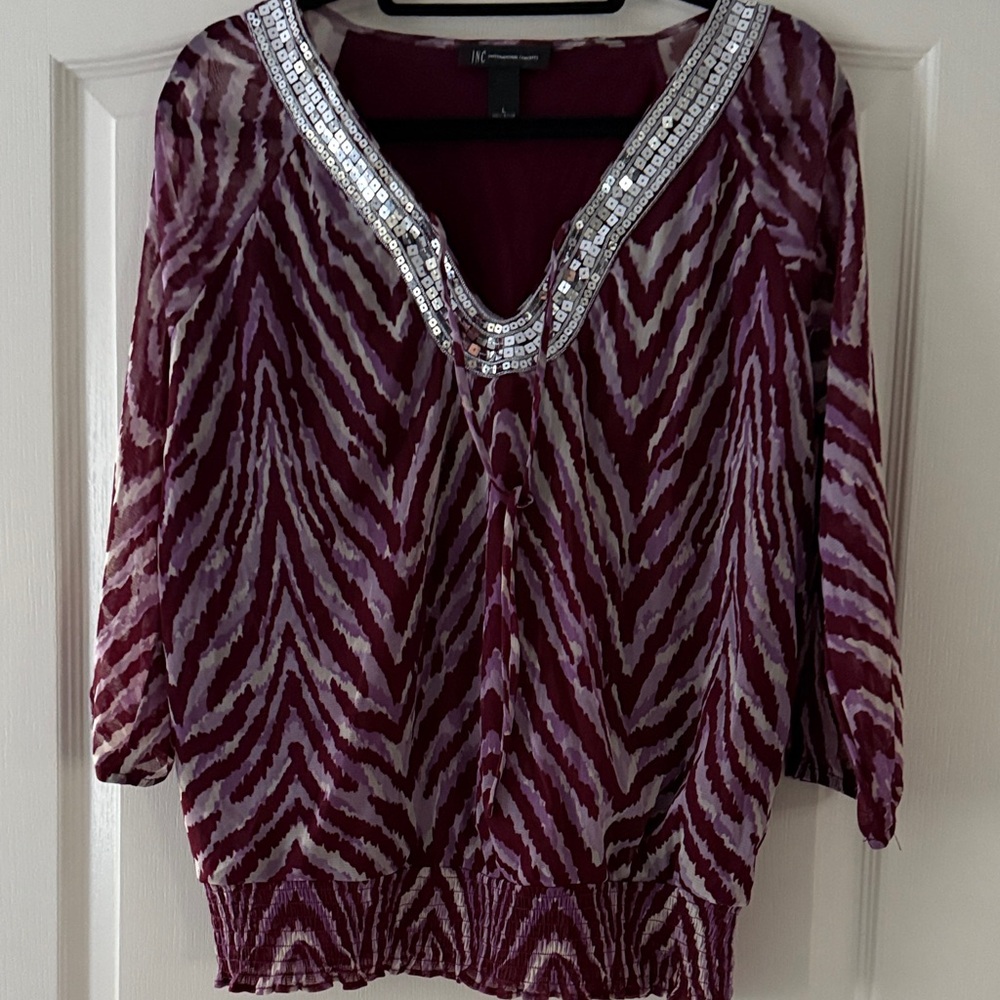 INC International Concepts Burgundy and Silver V-Neck Blouse